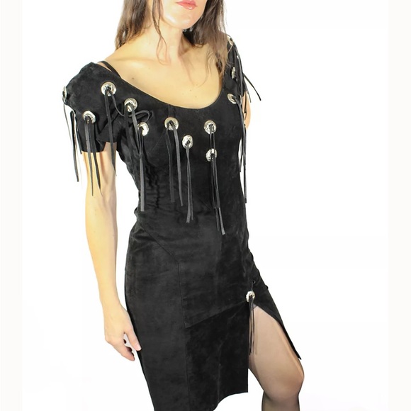 Western Fringe Concho Black Suede Dress 9/10 *VINTAGE* - Picture 15 of 15